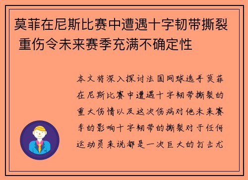 莫菲在尼斯比赛中遭遇十字韧带撕裂 重伤令未来赛季充满不确定性 莫菲在尼斯比赛中遭遇十字韧带撕裂 重伤令未来赛季充满不确定性